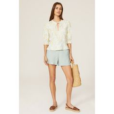 White floral linen (100% Linen). Top. V-neck. Three-quarter sleeves. Pull-on. 21" from shoulder to hemline. Imported. Ralph Lauren Blouse, Yellow Print, Closet Designs, Puff Sleeve Top, Quarter Sleeve, Three Quarter Sleeves, Three Quarter, Yellow White, Puff Sleeve