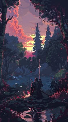 a painting of a sunset in the woods with trees and water on either side of it