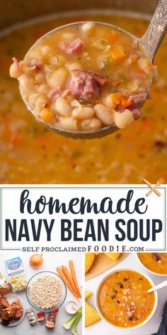 homemade navy bean soup in a pot with a spoon full of soup and the title above it reads homemade navy bean soup