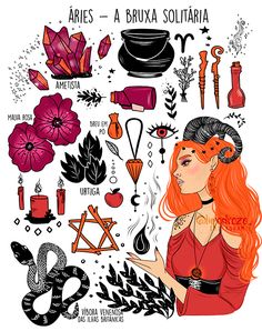 a woman with long red hair surrounded by various items in her hand and the words aris, a bruxa solita