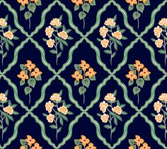 a blue background with orange and yellow flowers on the same wallpaper, as well as an ornamental design