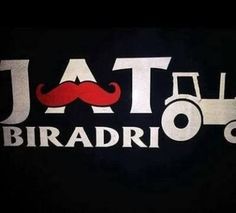 a black shirt with the words jatt biradri on it and a red moustache