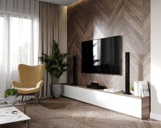 a modern living room with herringbone wallpaper and white furniture, along with a large flat screen tv mounted on the wall