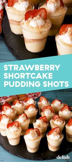 strawberry shortcake pudding shots with whipped cream and strawberries