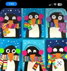 four penguins with hats and scarves are depicted in this collage made from paper