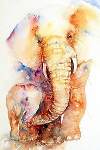 an elephant and her baby are depicted in this watercolor painting