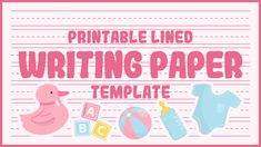 printable lined writing paper with baby items on the bottom and pink border above it