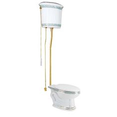 a white toilet sitting next to a tall golden pole with a light on it's side