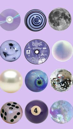 an array of different types of balls on a purple background with the moon in the distance