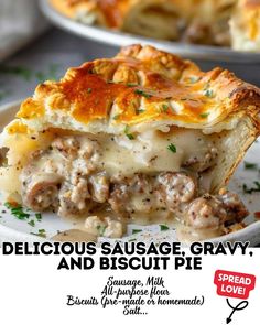 a slice of delicious sausage gravy and biscuit pie