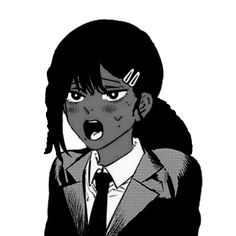 an anime character wearing a suit and tie with her mouth open, looking at the camera