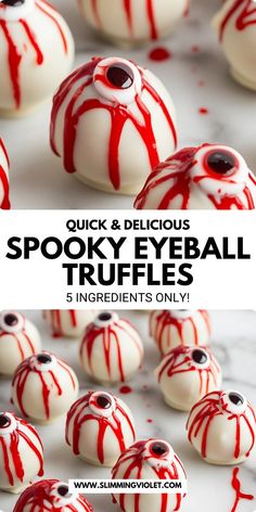 white chocolate covered in red and black spooky eyeball truffles with text overlay