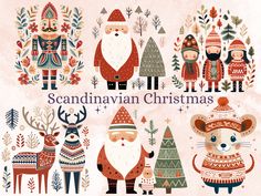 the scandinavian christmas clipart set includes santa, reindeers and other festive items