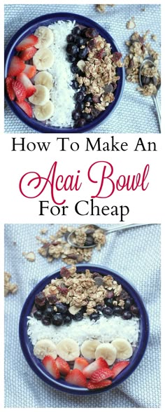 two plates with different types of food on them and the words how to make an aeai bowl for cheap