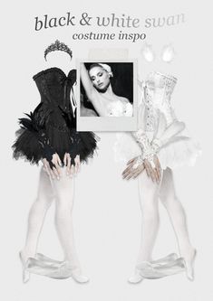 black and white swan costume inspo with an image of a woman wearing a tiara