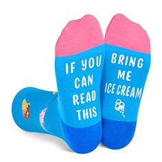 ICE CREAM SOCKSBoy's and girl's ice cream socks. The top of the blue socks features various yummy ice creams, the bottom is the funny saying in white with grips "IF YOU CAN READ THIS, BRING ME ICE CREAM".SIZE & PACKINGOur big kid socks fit 8-12 year old girls and 7-10 year old boys. Each plastic zipper bag contains one pair of funny socks.QUALITY MATERIALOur novelty socks are made of 80% combed cotton, 17% polyamide, and 3% spandex to ensure they are soft, comfortable, stretchy, and breat... Kids Silly Socks, Monkey Food, Cream Socks, Ice Cream Gift, Food Socks, Pizza Gifts, Silly Socks, Yummy Ice Cream, Blue Socks