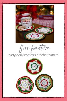 three crocheted christmas coasters with santa clause on them and the text free pattern