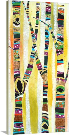 an abstract painting of trees with different colors and designs on it's barks