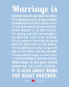 a blue background with white lettering that says marriage is standing together and facing the world