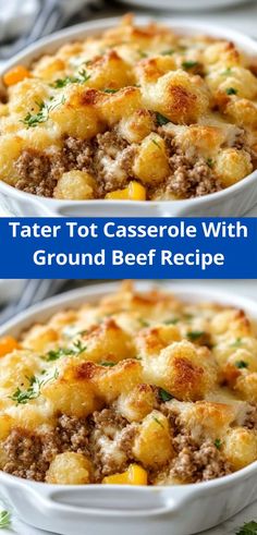 tater tot casserole with ground beef recipe is shown in two images