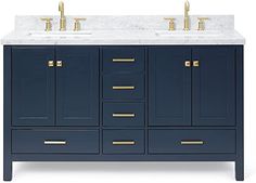 a bathroom vanity with two sinks and gold faucets on the countertop, against a white background