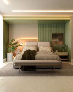 a bedroom with green walls and a bed in the middle is lit up by two lamps