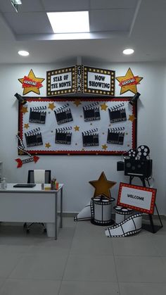 an office decorated with movie themed decorations