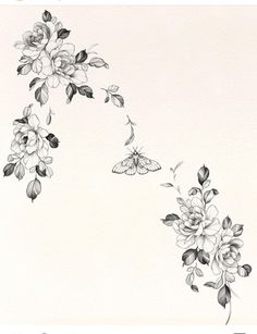 black and white drawing of flowers with butterflies flying over them on a light colored background