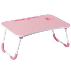 a pink and white children's desk with wheels on the bottom, attached to it