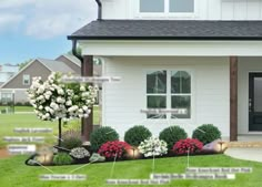 an image of a house with flowers in the front yard and trees on the lawn