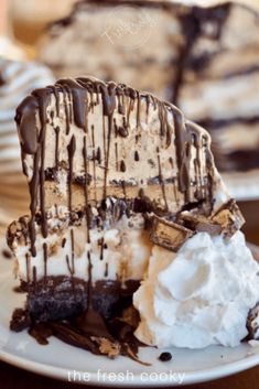 a piece of cake on a plate with whipped cream and chocolate drizzle