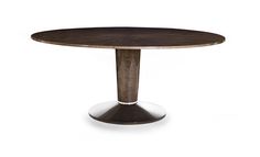 a round wooden table with metal pedestals on an isolated white background for display purposes