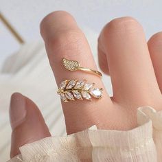 "18k Gold Plated Lovely Leaf Design Open Wedding Ring, Fb16fa1068 Size: Adjustable Metal: 18k Gold Plated Stone: Cubic Zirconia Best Quality Gift For Women, Christmas, Birthday, Vacation, Mother's Day, Valentine's Day, Wedding, Engagement , Bridal, Promise, Anniversary, Party Thank You For Visitng!" Leave Ring, Gold Leaf Rings, Daily Jewelry, Leaf Ring, Wedding Band Sets, Zircon Ring, Open Design, Delicate Rings, Gifts For Wedding Party