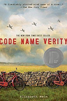 the cover of code name verity by elizabeth wein, with two bikes leaning against a stone wall