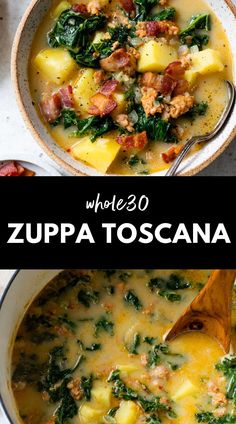 two bowls of zupa toscana soup with spinach and potatoes