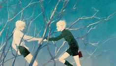 two people are running in the woods with bare trees and one is holding his hand