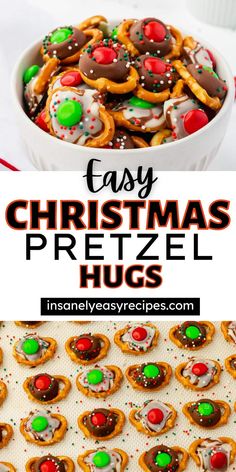 easy christmas pretzel hugs recipe in a bowl with the title overlay above