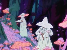 two people standing in the middle of a forest with mushrooms on them and one person wearing a hat