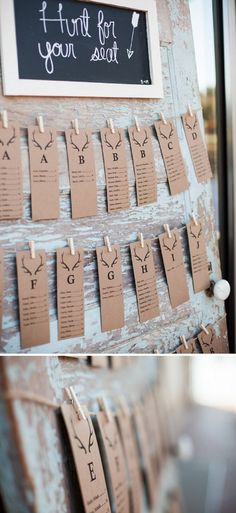 an old door is decorated with small clothes pins and some little tags that are attached to it