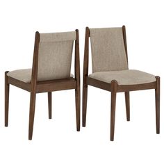 two chairs sitting side by side in front of a white background and one chair has a beige upholstered seat