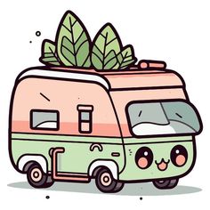 an old camper with plants on top is parked in front of the camera and has eyes closed