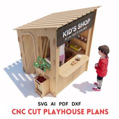 a child standing in front of a wooden play house