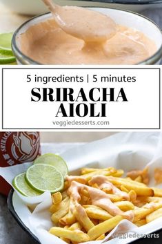 there are five different types of food on the table with text overlay that reads 5 ingredients 1 minutes sriraca aloi