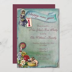 an old fashioned birthday party card with a girl in a basket and flowers on it