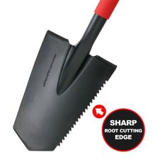 a black shovel with red handle and sharp rooting edge