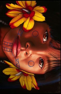 a painting of a girl with flowers on her head and eyes, in the dark