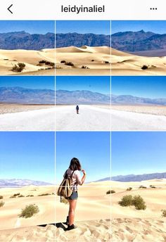 multiple images of people walking in the desert