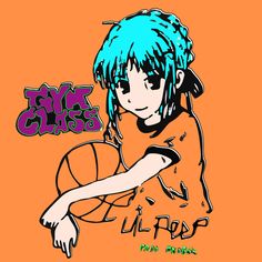 a drawing of a person with blue hair holding a basketball in one hand and an orange shirt on the other