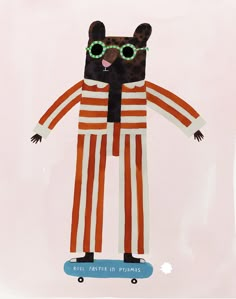 a paper cut out of a bear on a skateboard wearing sunglasses and a striped suit