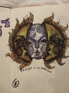 a drawing of two faces with words written on them